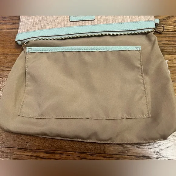 Nanette Lepore Woven Straw Wristlet Pouch - Mint Green Trim Summer Clutch - Picture 5 of 11